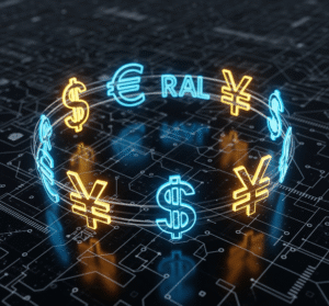 Símbolos de moedas internacionais em neon, incluindo dólar, euro, real e iene, representando conversor de câmbio.