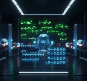 Tela futurista com fórmulas e unidades de medida, representando conversão científica de temperatura, energia e distância.