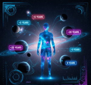 Silhueta humana cósmica cercada por planetas, mostrando cálculo da idade em diferentes planetas do Sistema Solar.