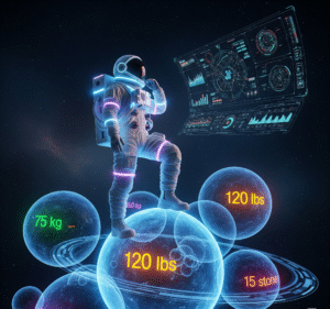 Astronauta sobre planetas digitais com valores de peso em diferentes unidades, ilustrando gravidade e peso planetário.