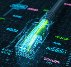 Cabo de rede iluminado com números digitais, simbolizando cálculo do tempo de download com base na velocidade da internet.