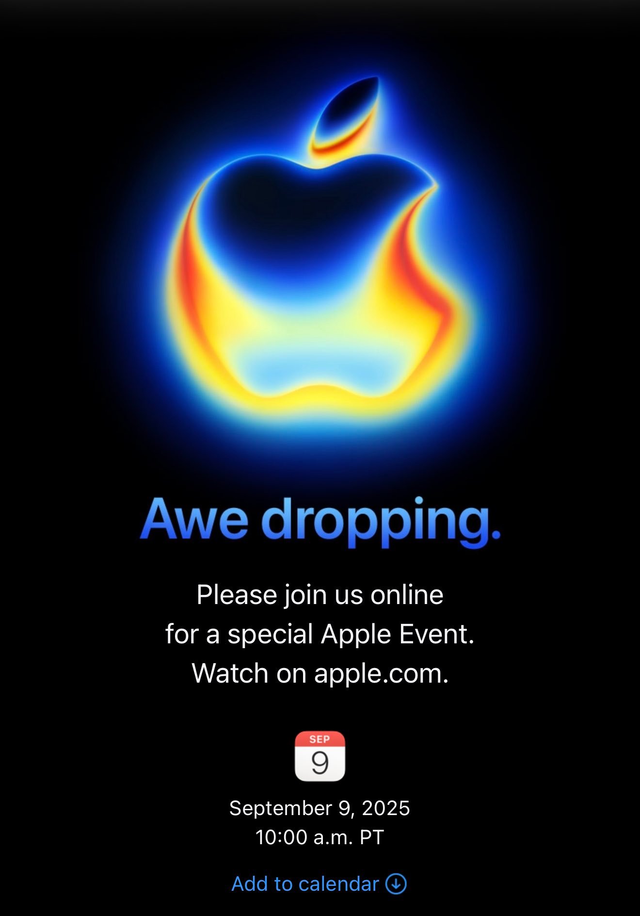 Convite oficial do evento Apple “Awe Dropping” (9 de setembro de 2025), exibindo o logotipo da Apple estilizado em cores vibrantes (laranja, azul, verde e amarelo) com o texto “Awe dropping.” abaixo.