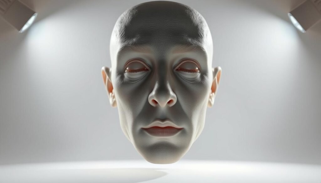 uma renderização 3D altamente detalhada e fotorrealista de um rosto humano em formato oco ou côncavo, com a ilusão de parecer convexo ou saliente para fora, iluminado por uma iluminação dramática de estúdio de vários ângulos para acentuar a profundidade e a geometria das características faciais, capturado de um ângulo ligeiramente elevado para criar uma perspectiva perturbadora e desorientadora, a textura da pele renderizada com clareza e realismo excepcionais, a expressão neutra e ilegível, contra um fundo branco limpo e minimalista que concentra toda a atenção na estranha ilusão de ótica do rosto