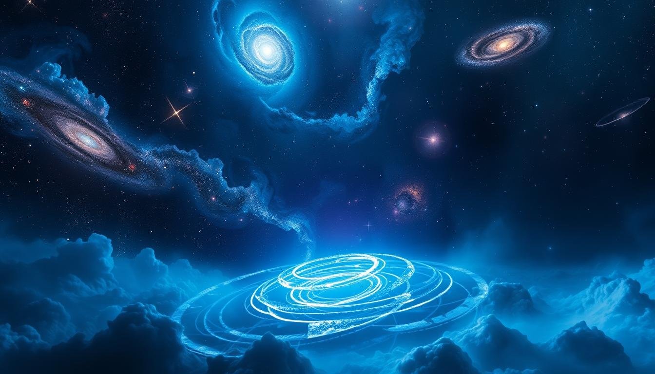 Representação artística de buraco negro supermassivo com matéria escura e quasar, energia escura ao fundo – cosmologia moderna.