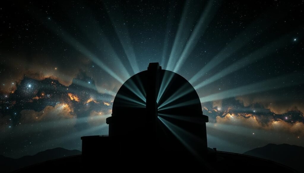 Observatório Dramático do Espaço Deep, capturando a luz etérea e a sombra das galáxias distantes. A cúpula de observação imponente em silhueta contra um céu noturno estrelado, com nebulosas e aglomerados de formações estelares luminosas ao fundo. Vigas intensas de luz emanam da abertura, iluminando a extensão cósmica circundante. Imagens nítidas e de alta resolução mostram as estruturas intrincadas e as cores vibrantes dessas maravilhas galácticas, sugerindo os mistérios invisíveis que estão além. A iluminação mal -humorada e atmosférica cria uma sensação de admiração e exploração, como se estivesse olhando para as profundezas desconhecidas do universo.