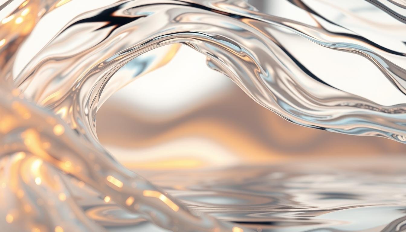 Representação do efeito liquid glass aplicado à interface do WhatsApp: camadas translúcidas, gradientes e profundidade em navegação