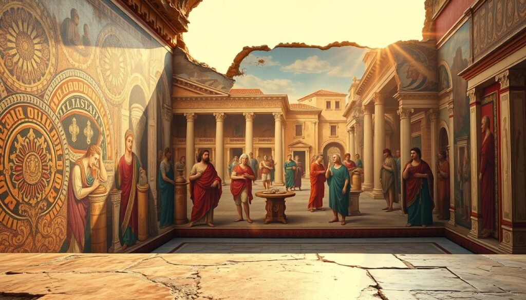 Um Afresco vibrante adornando as paredes de uma grande vila romana em Pompéia. Em primeiro plano, padrões complexos e desenhos complexos dançam na superfície, mostrando a habilidade e a arte dos antigos pintores de afresco. O meio -termo revela figuras envolvidas em atividades cotidianas - comerciantes, adoradores, oferecendo libações e cidadãos passeando pelas ruas movimentadas. O fundo é banhado em luz quente e dourada, lançando um brilho suave sobre a cena e evocando o ambiente atemporal dessa civilização perdida. A imagem captura a essência da vida cotidiana em Pompéia antes da fatídica erupção do Monte Vesúvio, preservando um momento no tempo que agora existe apenas nos remanescentes desbotados desses magníficos afrescos.