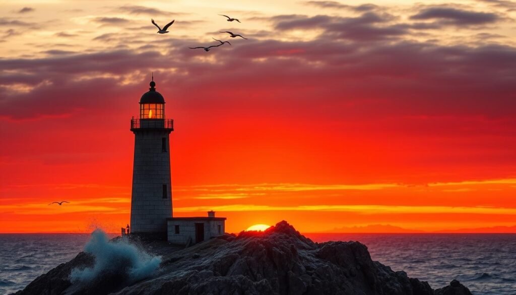 Um farol dramático e varrido pelo mar em pé de pé em um afloramento rochoso, em silhueta contra um vibrante céu de pôr-do-sol em vermelho laranja. A estrutura de pedra desgastada brilha calorosamente, seu farol cortando o crepúsculo, guiando navios pelas águas traiçoeiras ao redor da ilha remota e isolada. As aves marinhas circundam por cima, seus gritos se misturando com a queda de ondas contra os penhascos irregulares abaixo. Um senso de história e tradição marítima permeia o cenário, sugerindo o passado de naufrágio da ilha, naufrágios, condições traiçoeiras e isolamento humano.