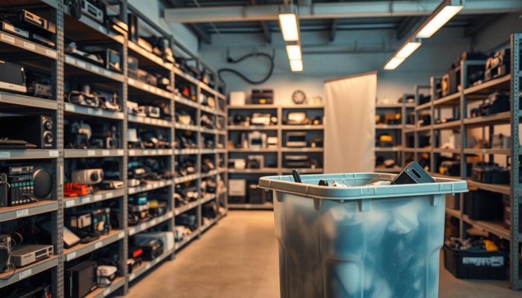 Um local de coleção bem organizado para resíduos eletrônicos, com linhas ordenadas de vários dispositivos e componentes eletrônicos organizados em prateleiras de metal resistentes. A cena é banhada em iluminação quente e difusa, criando uma sensação de limpeza e organização. Em primeiro plano, uma grande lixeira está pronta para coletar os itens descartados, seus lados transparentes, permitindo um vislumbre do conteúdo. O meio termo apresenta um sinal ou banner proeminente indicando claramente o ponto de coleta, com um design profissional neutro. O pano de fundo mostra um interior limpo e moderno, com um senso de eficiência e responsabilidade ambiental.