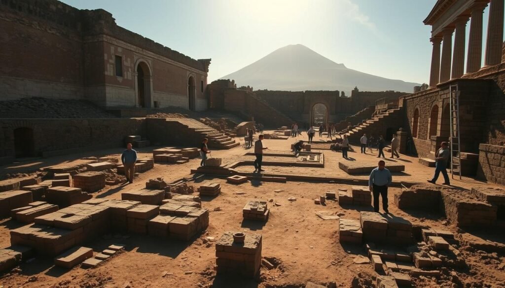 Um movimentado sítio arqueológico nas ruínas de Pompéia, com trabalhadores escavando cuidadosamente a cidade antiga congelada no tempo pela erupção do Monte Vesúvio. A luz solar filtra através das estruturas parcialmente colapsadas, lançando longas sombras no solo empoeirado. Artefatos romanos delicados e fragmentos arquitetônicos emergem do solo, meticulosamente documentados pela equipe de pesquisadores. No fundo, o despojamento imponente do Monte Vesúvio se aproxima, um lembrete do evento cataclísmico que preservou esse notável tesouro histórico. A cena transmite um senso de descoberta, reverência e os esforços contínuos para descobrir os segredos do passado de Pompéia.