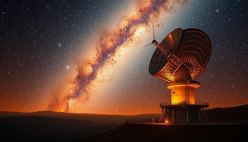 Um telescópio grande e de última geração fica alto, seu design intrincado e espelhos brilhantes preparados para revelar os mistérios do cosmos. Ao seu redor, uma vasta extensão de galáxias se desenrola, seus padrões intrincados e tons vibrantes que se estendem até onde os olhos podem ver. O telescópio, conhecido como DESI, está equipado com mais de 5.000 fibras, cada uma meticulosamente posicionada para capturar a luz fraca de milhões de galáxias distantes. A cena é banhada em um brilho quente e dourado, iluminando a dança intrincada dos corpos celestes e a maravilha tecnológica que procura desvendar seus segredos. Uma sensação de admiração e admiração permeia a imagem, convidando o espectador a contemplar a grandeza e a complexidade do universo.