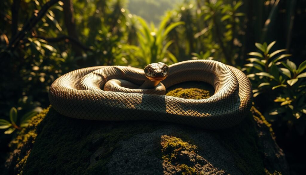 Uma cobra de Jararaca-ilhoa enrolada, suas escalas distintas com padrão de diamante brilhando sob a luz solar quente, repousa sobre uma rocha coberta de musgo em uma ilha remota e florestal. Ao seu redor, a vegetação exuberante lança sombras profundas, criando uma atmosfera de mistério e perigo. Os olhos amarelos penetrantes da cobra e a cabeça triangular transmitem uma sensação de foco de alerta, pronto para atacar qualquer ameaça percebida. Capturado com uma lente telefoto, a imagem enfatiza a presença hipnotizante e mortal da cobra, um verdadeiro predador de ápice em seu domínio isolado da ilha.