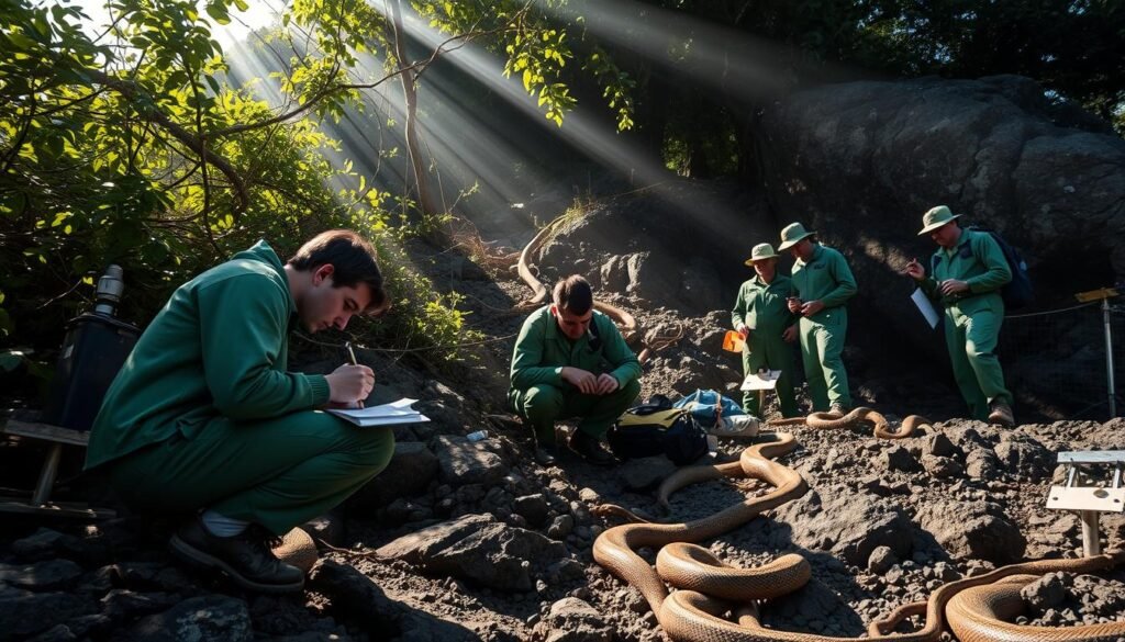 Uma ilha remota e robusta no Oceano Atlântico, lar da maior população mundial de víboras douradas de Lancehead. Pesquisadores em uniformes de campo verde documentam cuidadosamente o ecossistema exclusivo, rastreando movimentos e comportamentos de cobras através de uma rede de estações equipadas com sensores. A luz solar filtra através da densa folhagem, lançando sombras manchadas no terreno rochoso. Em primeiro plano, um cientista agacha -se, examinando uma amostra enquanto seus colegas fazem anotações. A cena transmite uma atmosfera de descoberta científica, destacando o significado ecológico da ilha e o trabalho dedicado que está sendo realizado para entender esse ambiente perigoso e fascinante.