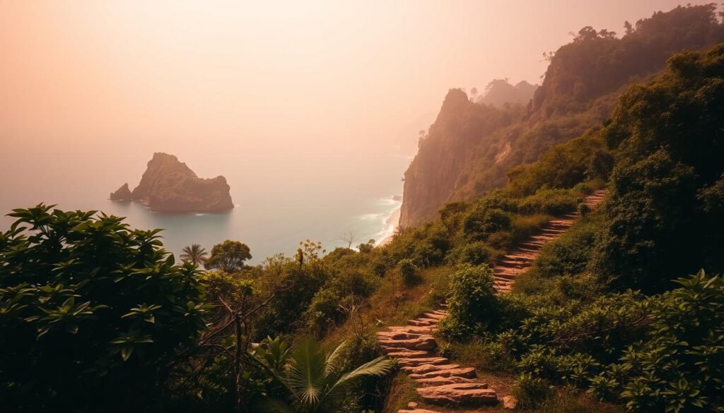 Uma ilha rochosa e árida emerge das águas azuis, seus penhascos irregulares e vegetação esparsa banhada à luz quente e dourada do sol. O ar é espesso de umidade, lançando um véu nebuloso e atmosférico sobre a cena. Em primeiro plano, um emaranhado de folhagem densa e exuberante surge as encostas, sugerindo a natureza sobrenatural e inóspita da ilha. Os caminhos acidentados passam pela vegetação rasteira, levando mais fundo ao interior, onde a presença iminente de uma floresta densa pode ser vista à distância. O humor geral é de isolamento, afastamento e senso do poder primitivo e indomável da natureza.