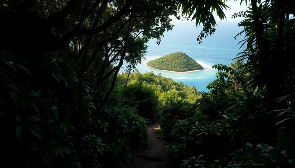 Uma ilha tropical isolada, envolta em folhagem densa e exuberante. Um caminho estreito e sinuoso que leva através da vegetação coberta de vegetação, desaparecendo no interior verdejante. A luz solar filtra através do dossel, lançando sombras dramáticas e destacando os verdes vibrantes. À distância, o rejulador Oceano Azure circunda a ilha, enfatizando sua natureza remota e isolada. A atmosfera é tranquila, mas há uma corrente de energia indomável e primordial, sugerindo a presença dos habitantes indescritíveis e indescritíveis da ilha. A cena transmite um senso de isolamento geográfico, onde a passagem do tempo parece desacelerar, permitindo a evolução de um ecossistema único, intocado pelo mundo exterior.