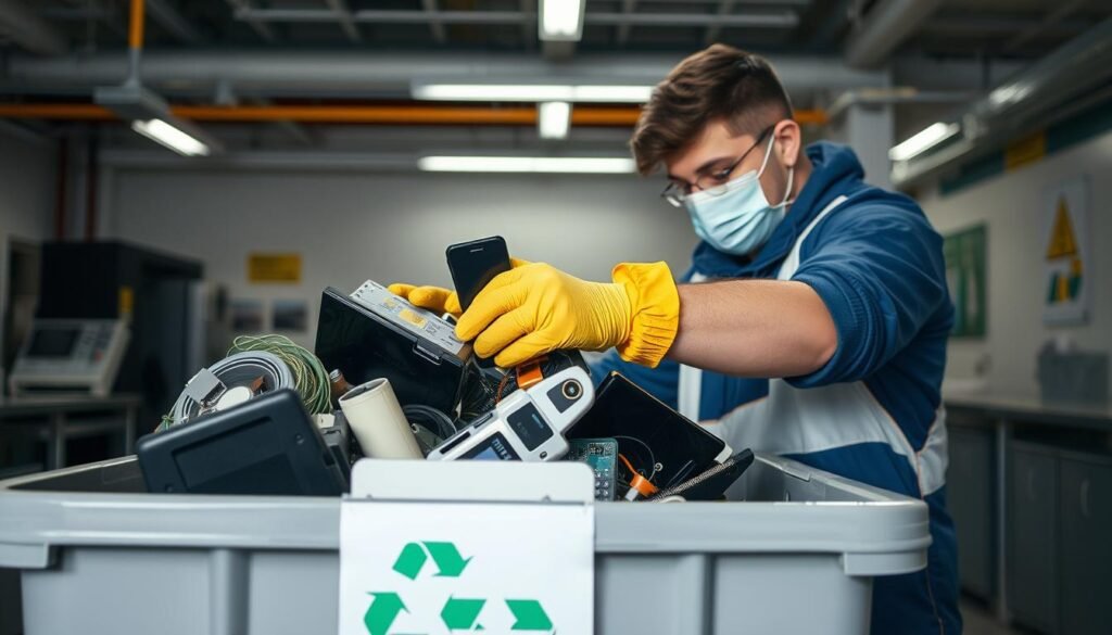 Uma imagem bem iluminada e de alta resolução de uma pessoa que descarta corretamente resíduos eletrônicos, como computadores antigos, telefones e outros dispositivos, em uma lixeira de reciclagem designada. A pessoa deve estar usando luvas de proteção e uma máscara, enfatizando a importância do manuseio seguro. O plano de fundo deve apresentar uma instalação de reciclagem limpa e organizada, com sinalização clara e instruções sobre o descarte eletrônico de resíduos. A cena geral deve transmitir um senso de responsabilidade ambiental e as etapas adequadas para gerenciar de forma sustentável resíduos eletrônicos.