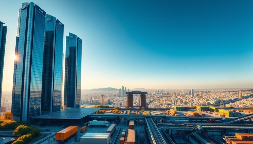 Uma paisagem urbana futurista com arranha-céus imponentes e um movimentado hub logístico em primeiro plano. Os edifícios são adornados com arquitetura moderna e moderna e painéis solares, simbolizando a sustentabilidade e a responsabilidade ambiental. No meio termo, uma complexa rede de correias transportadoras, caminhões de carga e estações de classificação robótica representa o intrincado sistema de logística reversa. No fundo, uma vista panorâmica de uma metrópole expandida banhada em iluminação quente e dourada, transmitindo um senso de progresso e inovação. A cena está imbuída de um senso de ordem e eficiência, refletindo a legislação e as políticas que governam esse ecossistema sustentável de gerenciamento de resíduos.