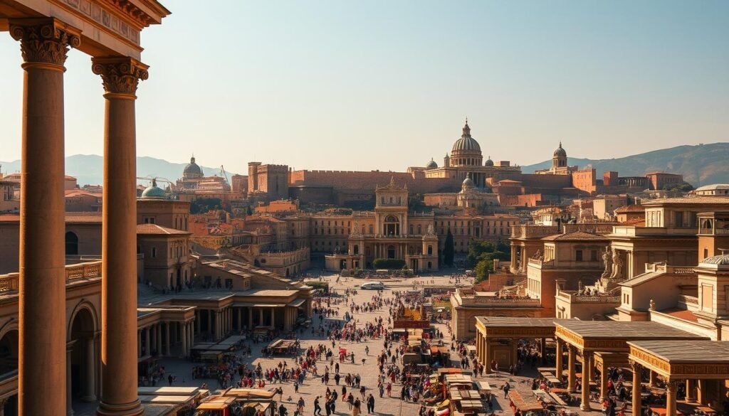 Uma paisagem urbana majestosa do Império Romano, banhado em luz quente e dourada. Em primeiro plano, um mercado movimentado repleto de barracas de comerciantes, artesãos e cidadãos que passam por suas vidas diárias. Colunas imponentes e portões arqueados emolduram a cena, sugerindo a grandeza da arquitetura. No meio termo, templos imponentes e edifícios públicos se levantam, suas fachadas adornavam esculturas e estátuas intrincadas. O pano de fundo é dominado pelas paredes da cidade, pontuadas por torres e fortificações resistentes, refletindo o poder e o poder da civilização romana. A atmosfera geral transmite uma sensação de prosperidade, ambição e o triunfo do Império Romano no auge de sua glória.