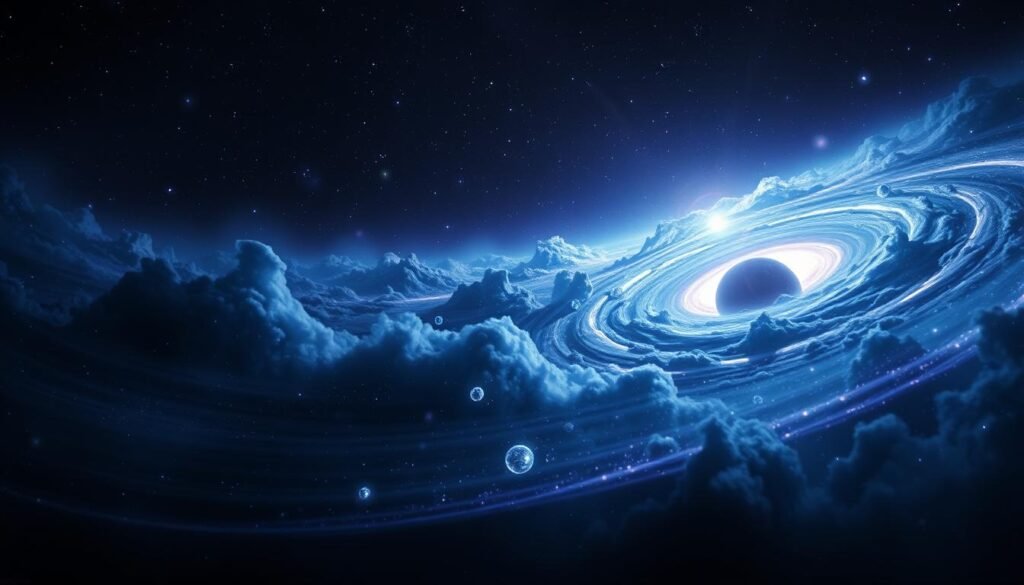 Uma vasta e misteriosa extensão do cosmos, envolta no abraço enigmático da matéria escura e da energia escura. Em primeiro plano, um vórtice rodopiante de energia cósmica, uma metáfora visual para as forças invisíveis que moldam o universo. Tons cintilantes de Indigo e Violet dance em toda a cena, iluminando o desconhecido. No meio termo, os corpos celestes flutuam e colidem, seus movimentos influenciados pelas mãos invisíveis da matéria escura. O fundo desaparece em uma escuridão profunda e com tinta, um vazio que mantém os segredos desses fenômenos indescritíveis. A iluminação dramática lança sombras dramáticas, acrescentando profundidade e drama à composição. A cena inteira transmite um sentimento de admiração e descoberta, convidando o espectador a se aprofundar nos mistérios do cosmos.