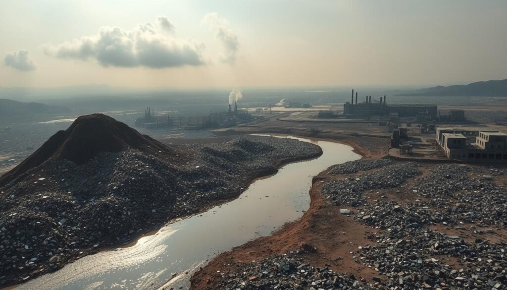 Uma vista aérea de uma paisagem poluída, com montanhas de resíduos eletrônicos descartados, lançando longas sombras sobre uma paisagem urbana industrial desolada. Em primeiro plano, as substâncias tóxicas penetram em um rio escuro, enquanto no meio termo, as fábricas em ruínas e a infraestrutura em ruínas criam uma atmosfera de degradação ambiental. O céu é um tom de cinza nebuloso e sinistro, com nuvens ameaçadoras sugerindo a ameaça iminente de um desastre ecológico. A cena é capturada com uma lente grande angular, enfatizando a escala e a gravidade dos impactos ambientais e iluminada por uma luz dura e direcional que lança sombras dramáticas e destaca as texturas dos resíduos e decadência. Um humor distópico perturbador permeado a imagem, transmitindo a necessidade urgente de abordar as consequências da eliminação de resíduos eletrônicos inadequados. Incitar
