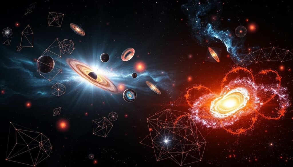 Uma visualização cativante dos modelos e hipóteses complexas em torno da energia escura. Em primeiro plano, várias formas geométricas e padrões abstratos se entrelaçam dinamicamente, representando as intrincadas estruturas matemáticas de λcdm, quintessência e gravidade modificada. O meio termo apresenta estruturas cósmicas, como galáxias e nebulosas, banhadas em uma interação hipnotizante de tons vibrantes, simbolizando os fenômenos observados que esses modelos pretendem explicar. O fundo desaparece suavemente em um vazio profundo e enigmático, evocando a natureza misteriosa das forças desconhecidas que moldam a expansão do universo. A iluminação nítida, uma perspectiva cinematográfica e uma sensação de admiração inspiradora capturam coletivamente a essência dessa seção cativante sobre os modelos e hipóteses de energia escura.