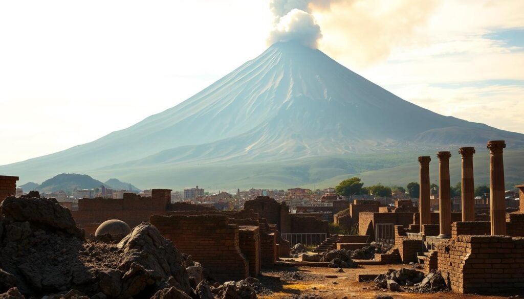 Vesúvio imponente, seu majestoso pico envolto em fumaça, paira sobre as antigas ruínas de Pompéia. A presença ameaçadora do vulcão lança uma sombra agourenta, sugerindo as forças geológicas e químicas que estavam adormecidas. Em primeiro plano, rochas irregulares e carbonizadas e detritos cobertos de cinzas testemunham a erupção devastadora, enquanto o meio-termo revela a cidade outrora prática, agora congelada no tempo. A cena é banhada com uma luz quente e dourada, acrescentando uma sensação de melancolia à paisagem assustadora. A composição enfatiza o poder e o potencial destrutivo dessa maravilha natural, capturando a essência do foco da seção na erupção do Vesúvio e seu impacto mortal no povo de Pompéia.