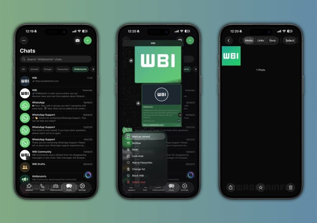 Visual do WhatsApp com efeito liquid glass: camadas translúcidas e sutis reflexos - Modo Escuro